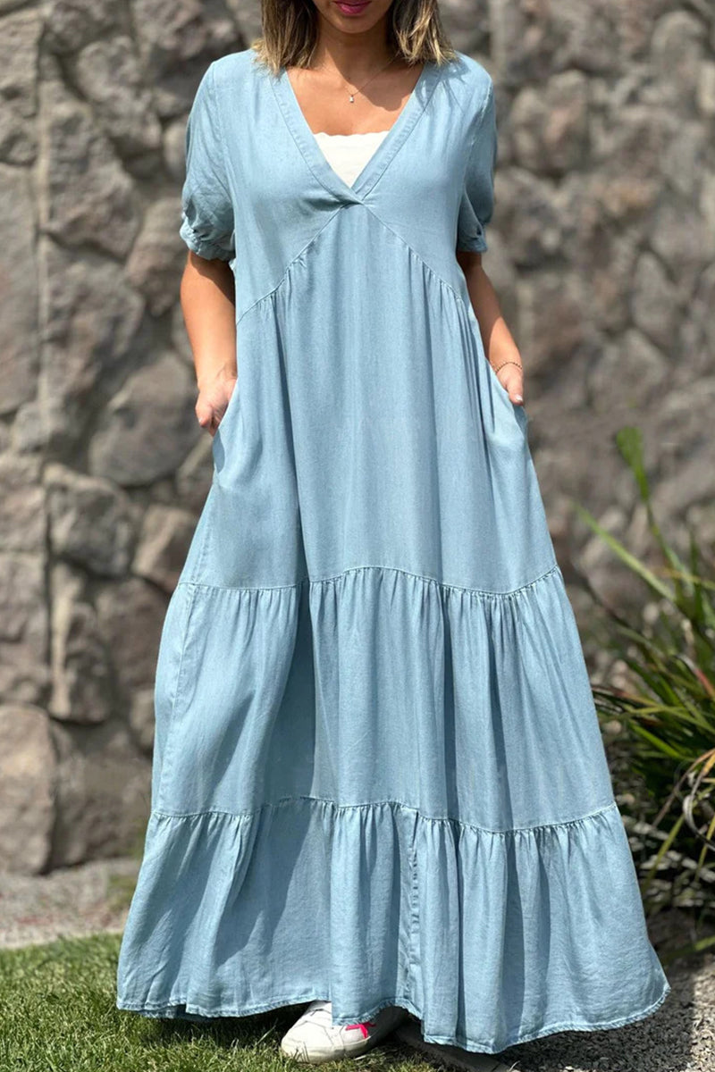 Vestido de manga corta con escote en V y bolsillos lisos Daily Simplicity