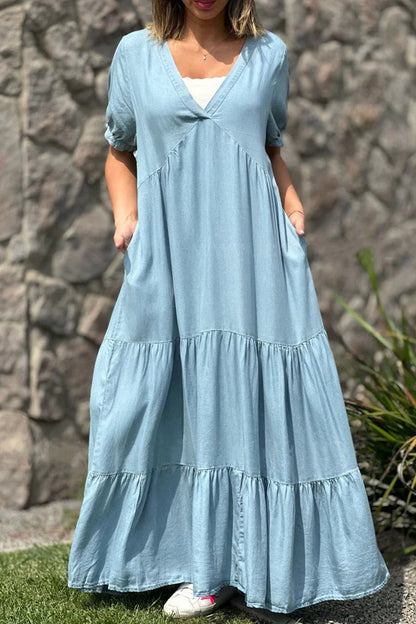 Vestido de manga corta con escote en V y bolsillos lisos Daily Simplicity