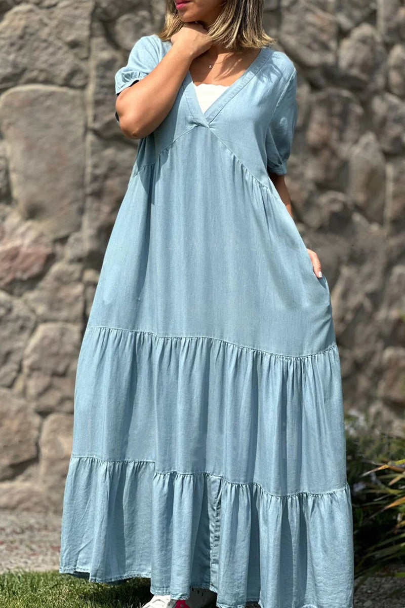 Vestido de manga corta con escote en V y bolsillos lisos Daily Simplicity