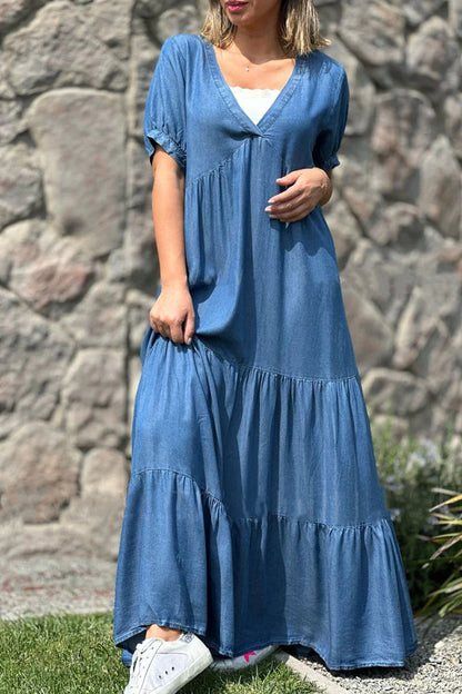 Vestido de manga corta con escote en V y bolsillos lisos Daily Simplicity