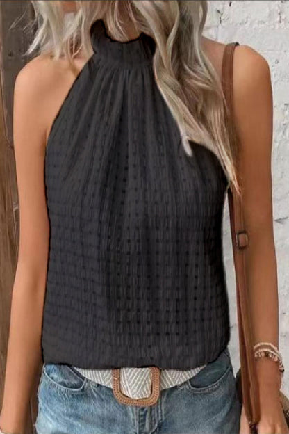 Blusa de cuello alto medio con botones ahuecados y jacquard liso de dulce simplicidad (4 colores)