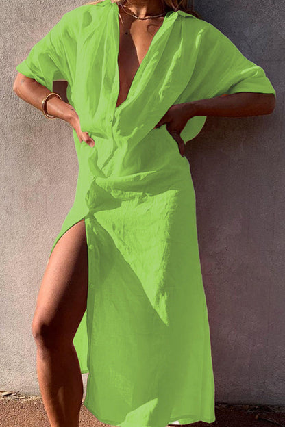 Vestido camisero informal sencillo con botones lisos y cuello vuelto