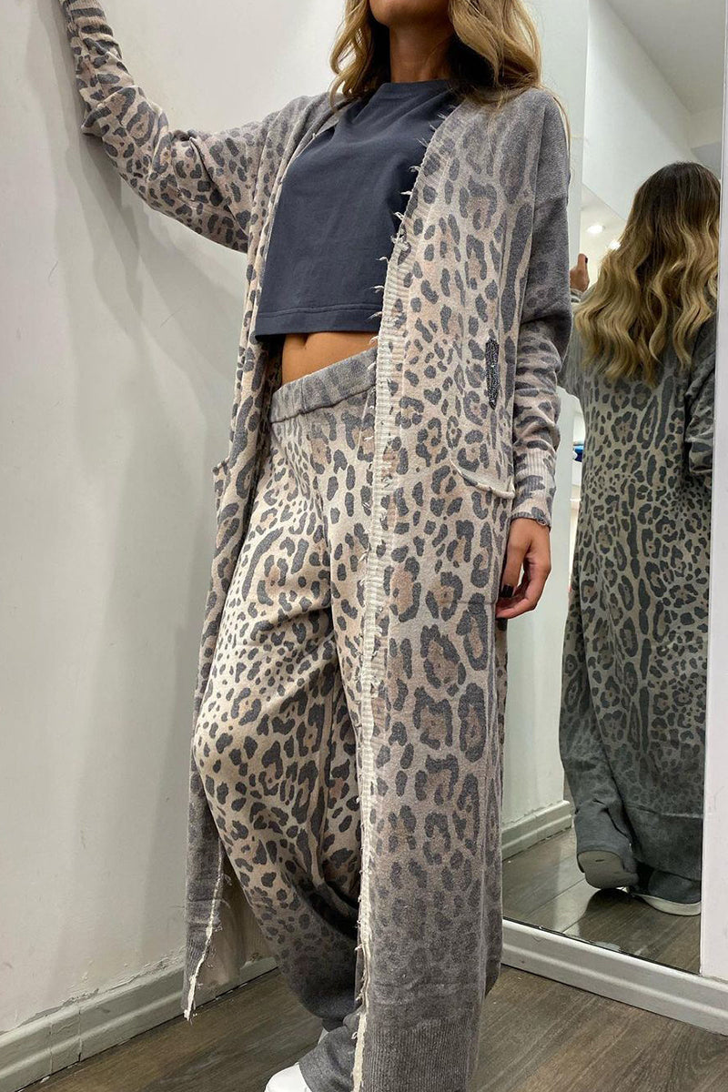 Cárdigan informal de manga larga con cuello de leopardo y bolsillo, dos piezas