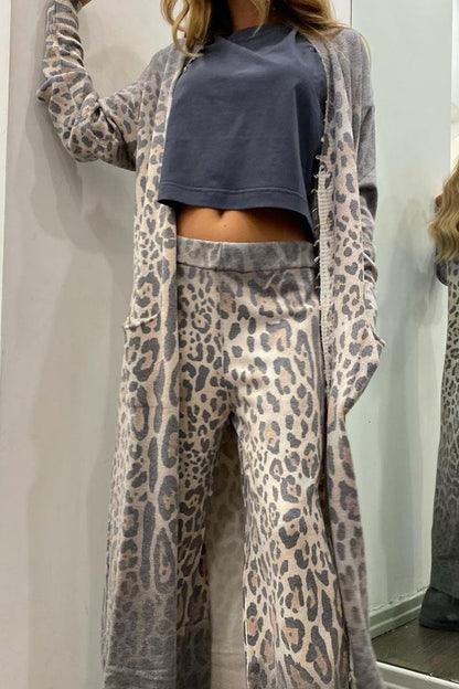 Cárdigan informal de manga larga con cuello de leopardo y bolsillo, dos piezas