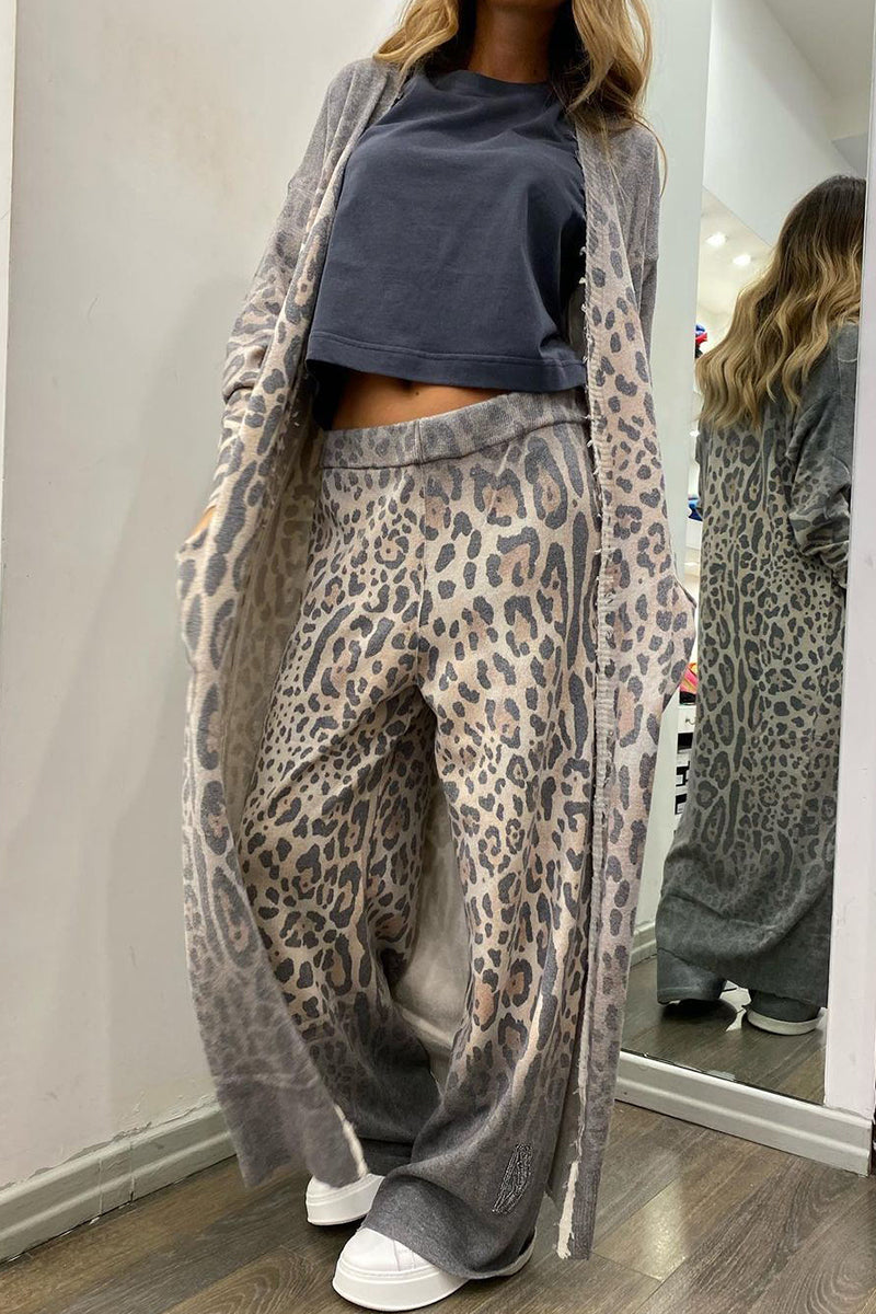 Cárdigan informal de manga larga con cuello de leopardo y bolsillo, dos piezas