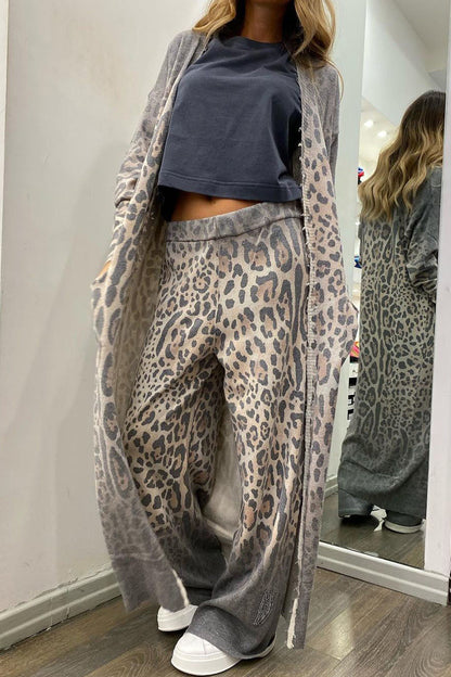 Cárdigan informal de manga larga con cuello de leopardo y bolsillo, dos piezas