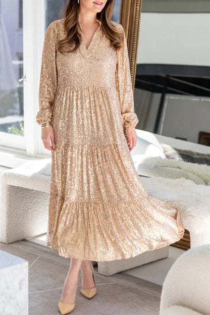 Vestidos elegantes de celebridades con lentejuelas sólidas y cuello en V y manga larga