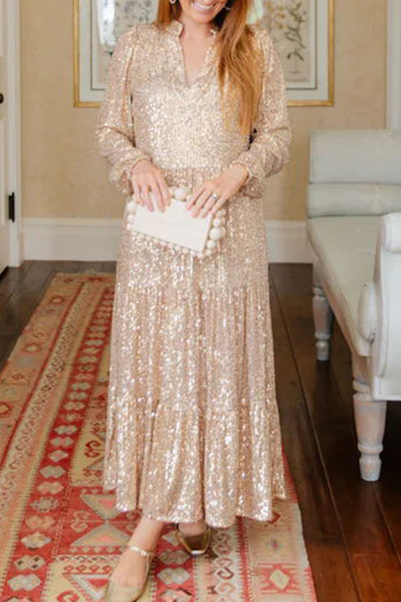 Vestidos elegantes de celebridades con lentejuelas sólidas y cuello en V y manga larga