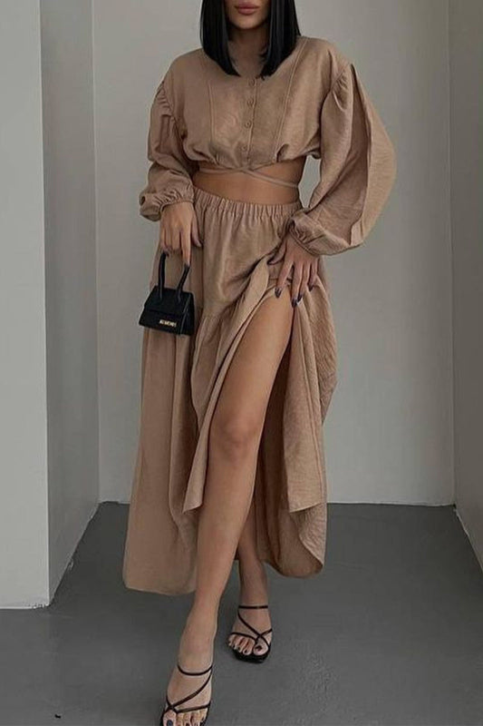 Conjunto informal elegante de dos piezas con cuello redondo, manga larga y parches sólidos