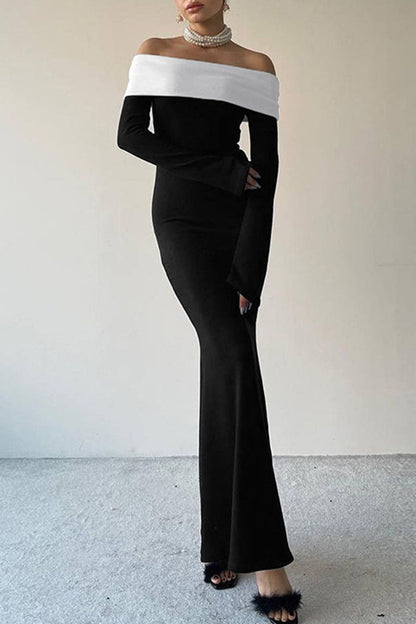 Vestidos de celebridades con falda de un solo paso y hombros descubiertos con contraste sólido