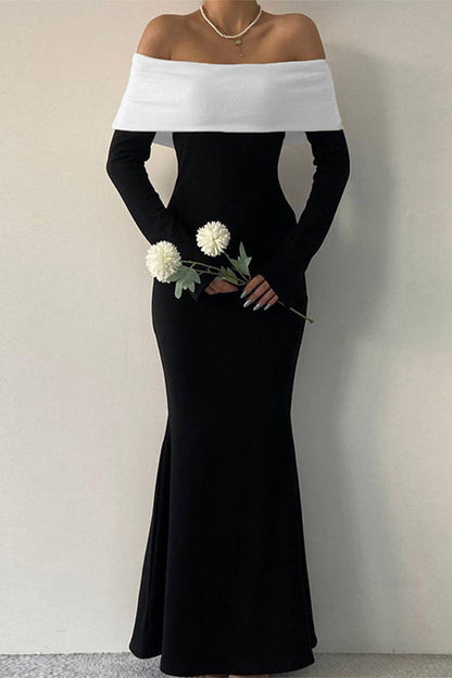 Vestidos de celebridades con falda de un solo paso y hombros descubiertos con contraste sólido