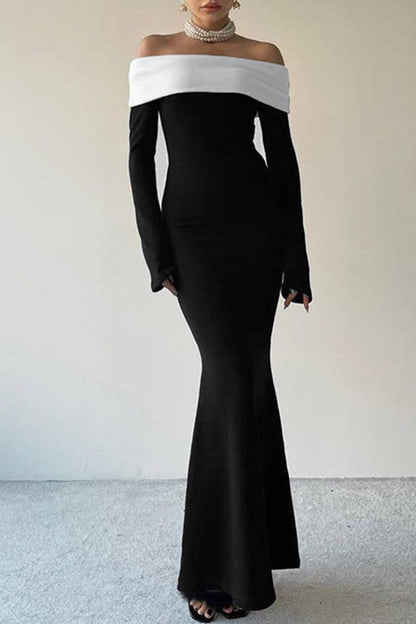 Vestidos de celebridades con falda de un solo paso y hombros descubiertos con contraste sólido