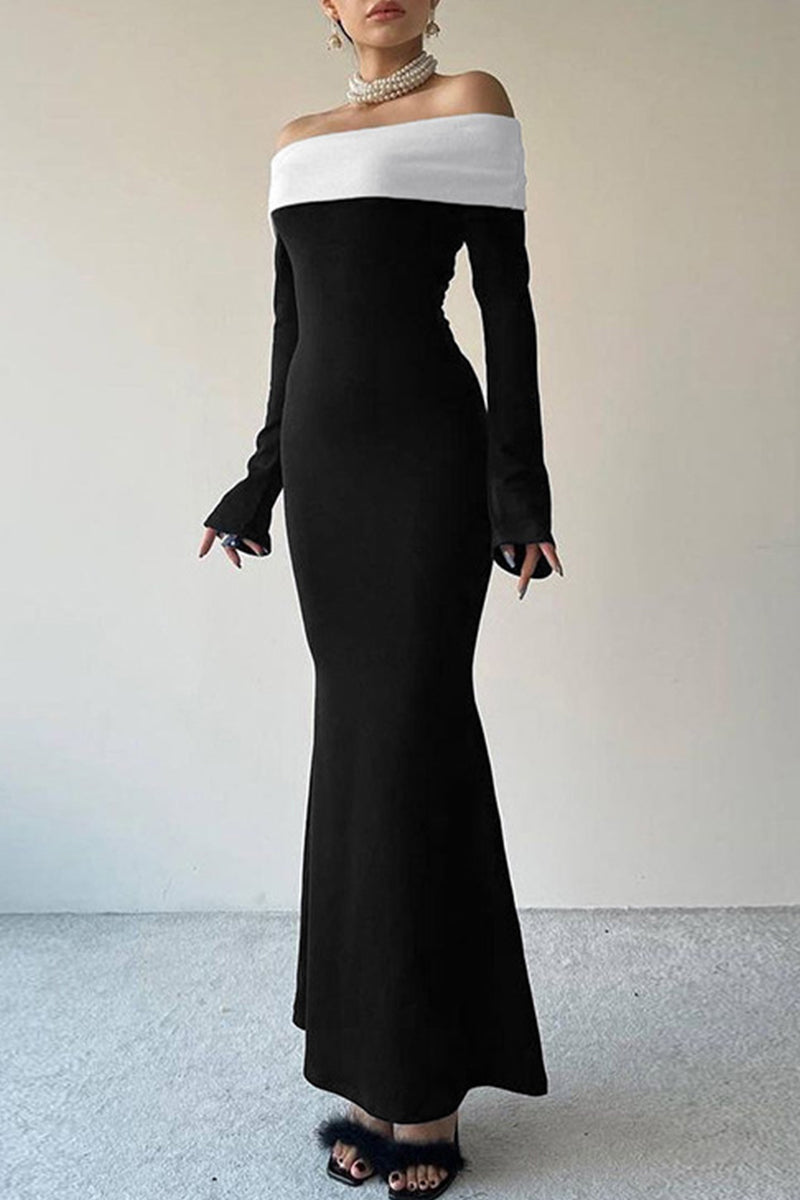 Vestidos de celebridades con falda de un solo paso y hombros descubiertos con contraste sólido