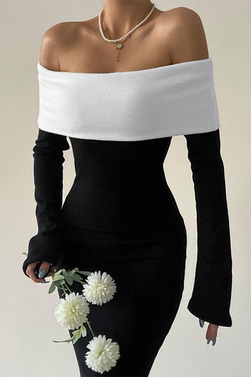 Vestidos de celebridades con falda de un solo paso y hombros descubiertos con contraste sólido