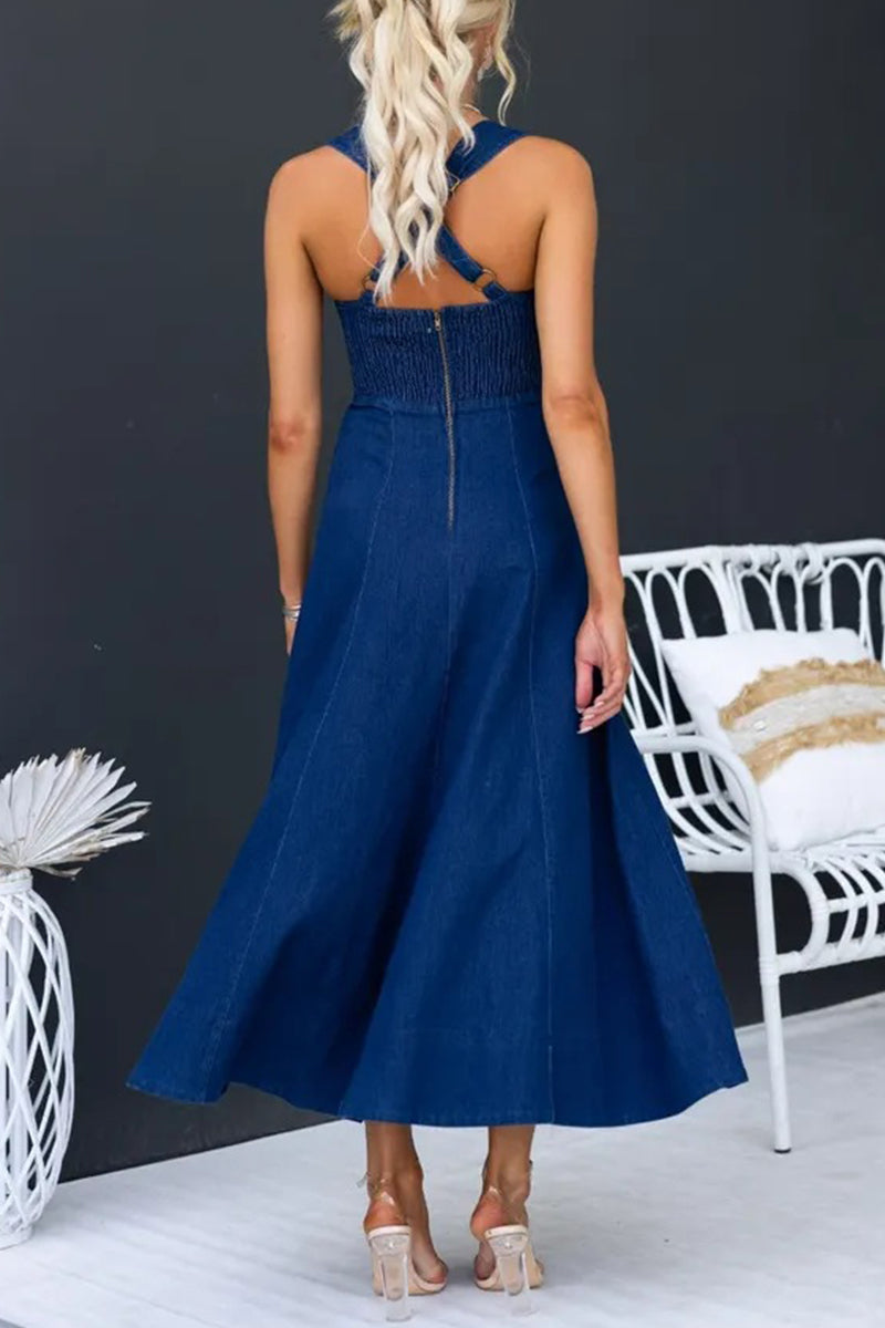 Vestidos vaqueros sexis sin mangas con cuello en U y cremallera sólida