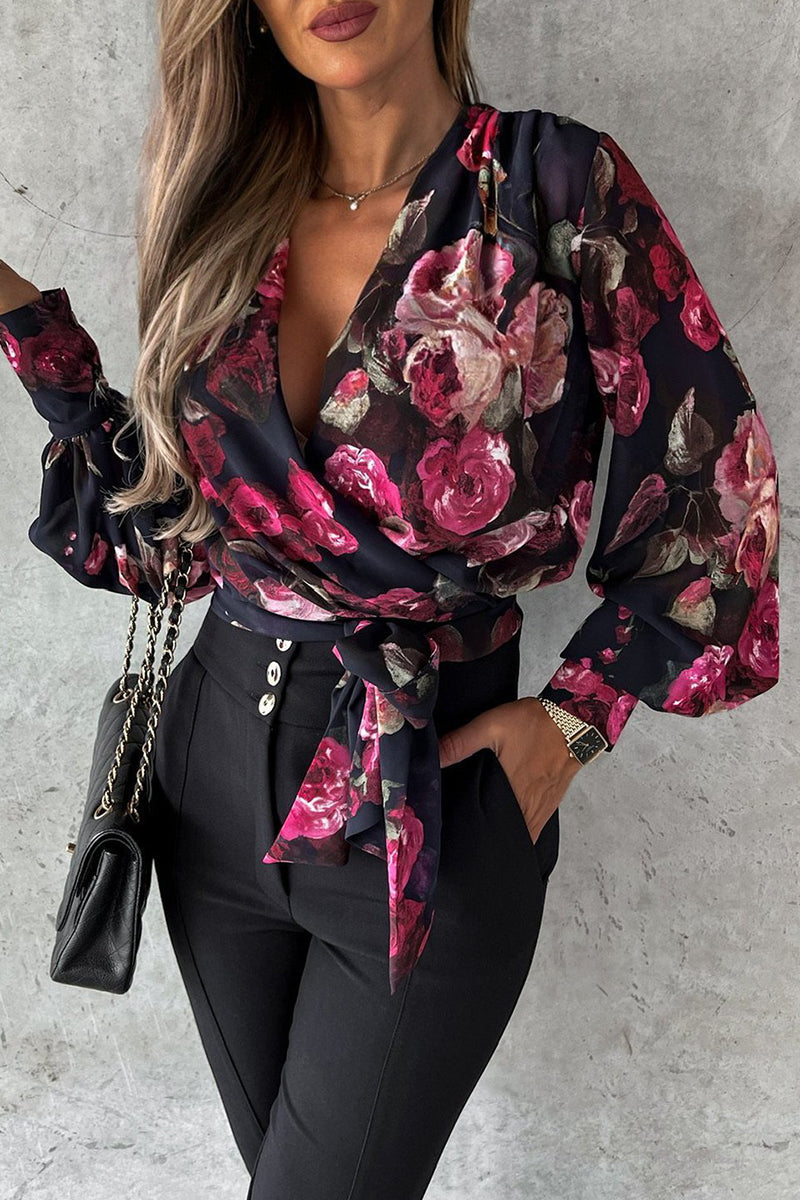 Tops sexis elegantes con escote en V y estampado floral