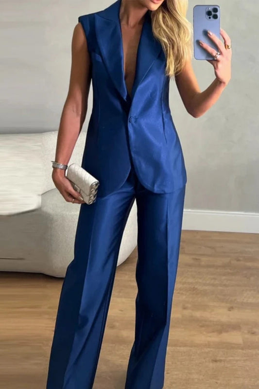 Conjunto informal de dos piezas, liso, sin espalda, cuello vuelto, sin mangas