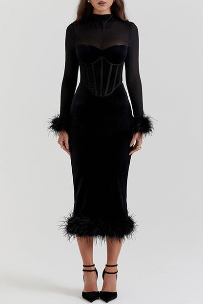 Vestidos elegantes de celebridades con faldas y cuello alto con plumas lisas