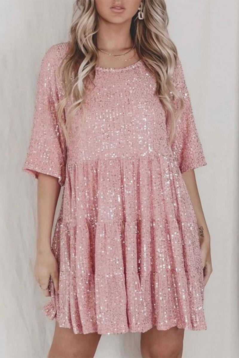 Vestidos casuales de lentejuelas lisas con cuello redondo y corte A (9 colores)