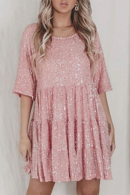 Vestidos casuales de lentejuelas lisas con cuello redondo y corte A (9 colores)