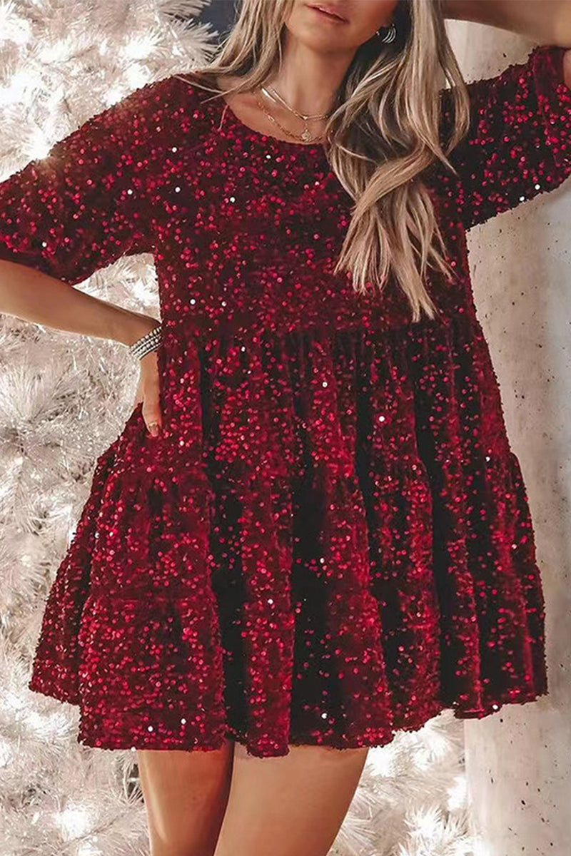 Vestidos casuales de lentejuelas lisas con cuello redondo y corte A (9 colores)
