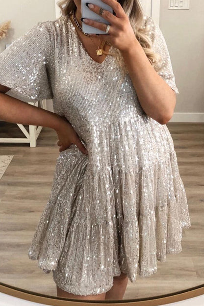 Vestidos casuales de lentejuelas lisas con cuello redondo y corte A (9 colores)