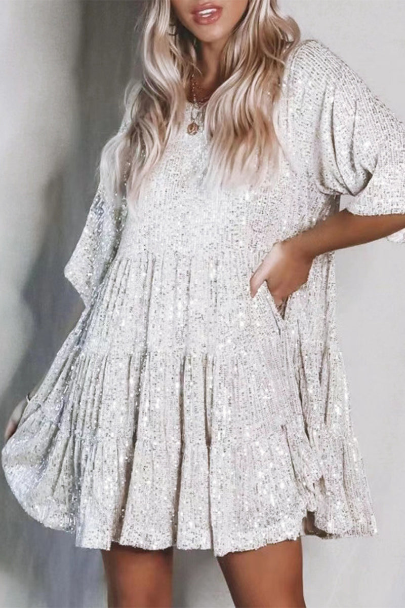 Vestidos casuales de lentejuelas lisas con cuello redondo y corte A (9 colores)