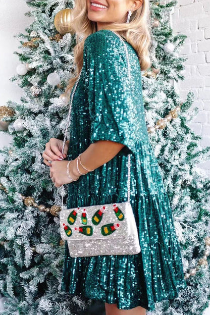 Vestidos casuales de lentejuelas lisas con cuello redondo y corte A (9 colores)