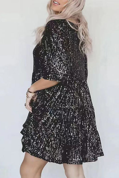 Vestidos casuales de lentejuelas lisas con cuello redondo y corte A (9 colores)