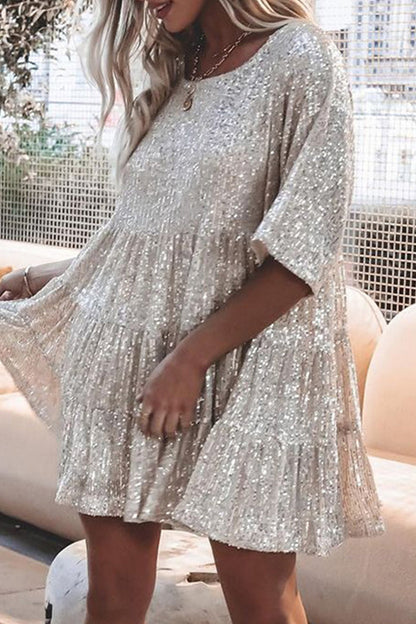 Vestidos casuales de lentejuelas lisas con cuello redondo y corte A (9 colores)