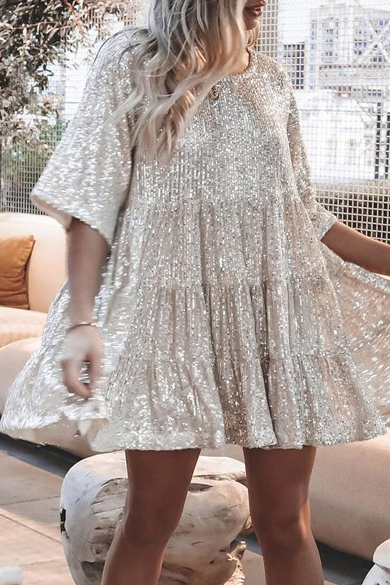 Vestidos casuales de lentejuelas lisas con cuello redondo y corte A (9 colores)