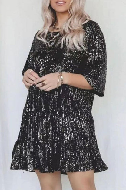 Vestidos casuales de lentejuelas lisas con cuello redondo y corte A (9 colores)