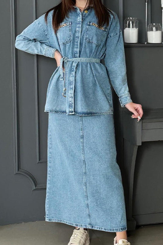 Conjunto de dos piezas informal, sencillo, liso, con vendaje, bolsillo, cuello vuelto, manga larga