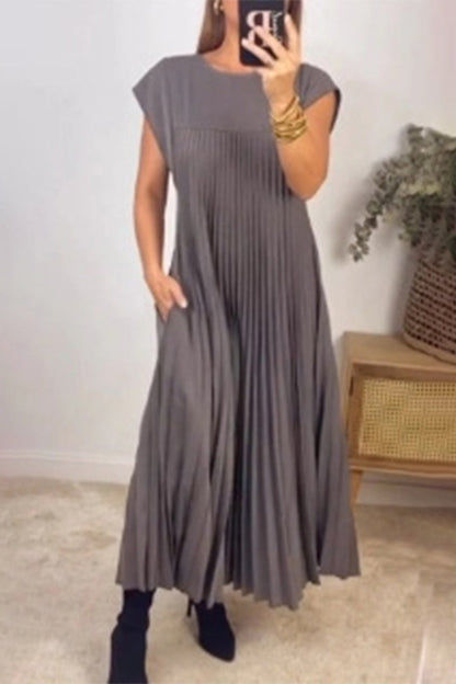Elegante vestido de corte A con cuello redondo y pliegues lisos (2 colores)