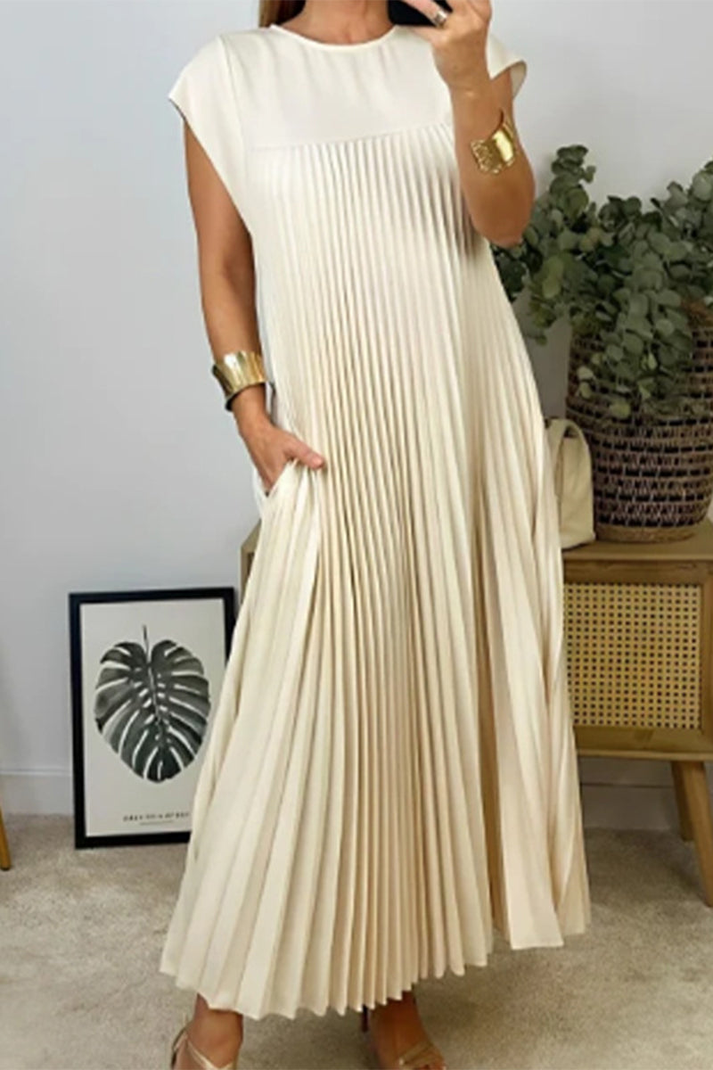Elegante vestido de corte A con cuello redondo y pliegues lisos (2 colores)