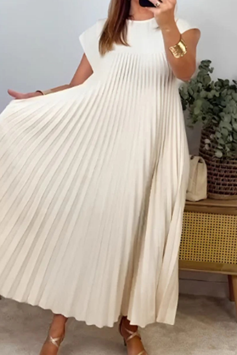 Elegantes vestidos de línea A con cuello redondo y pliegues sólidos