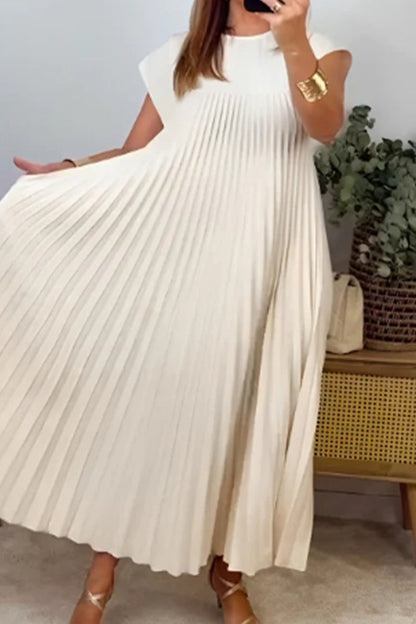 Elegante vestido de corte A con cuello redondo y pliegues lisos (2 colores)