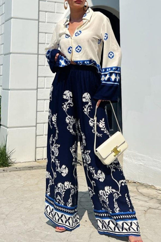 Conjunto de dos piezas informal vintage con estampado geométrico, cuello vuelto, manga larga