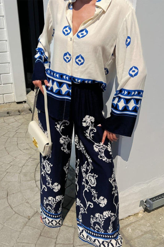 Conjunto de dos piezas informal vintage con estampado geométrico, cuello vuelto, manga larga