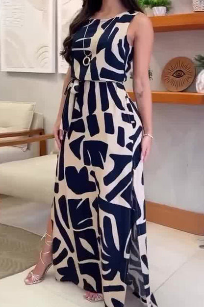 Vestido informal sin mangas con cuello redondo, abertura y bolsillo con estampado geométrico
