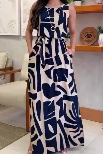 Vestido informal sin mangas con cuello redondo, abertura y bolsillo con estampado geométrico