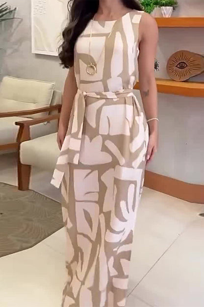 Vestido informal sin mangas con cuello redondo, abertura y bolsillo con estampado geométrico