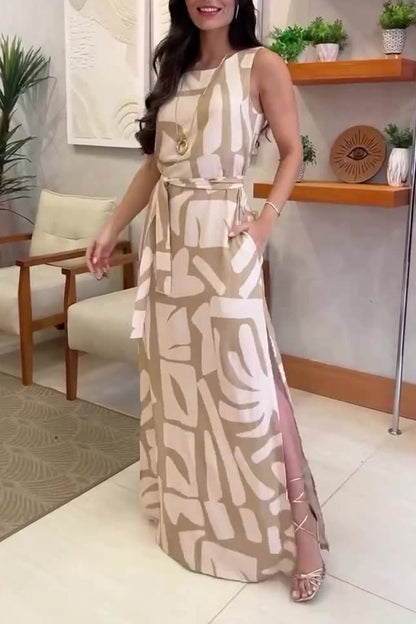 Vestido informal sin mangas con cuello redondo, abertura y bolsillo con estampado geométrico