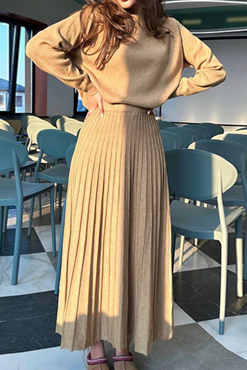 Elegante conjunto de dos piezas de manga larga con cuello redondo y pliegues sólidos