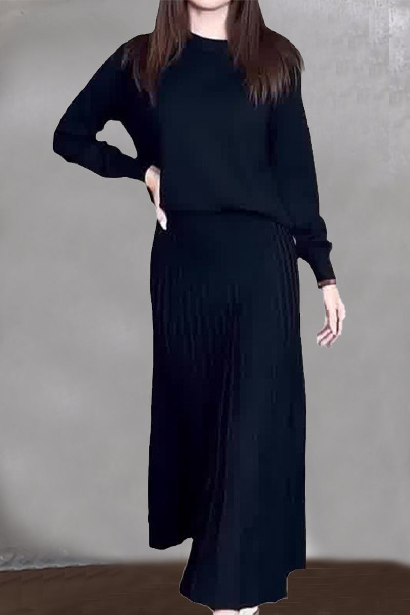 Elegante conjunto de dos piezas de manga larga con cuello redondo y pliegues sólidos