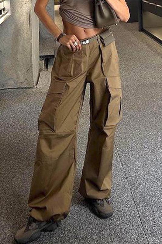 Pantalones casuales vintage de color liso con bolsillos, sueltos, de cintura baja y pierna ancha.
