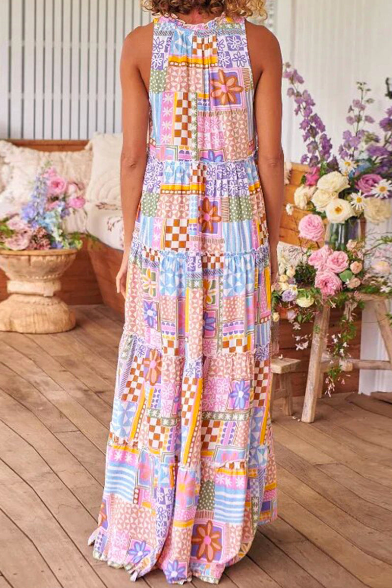 Vestido informal dulce sin posicionamiento estampado patchwork contraste cuello redondo estampado vestidos