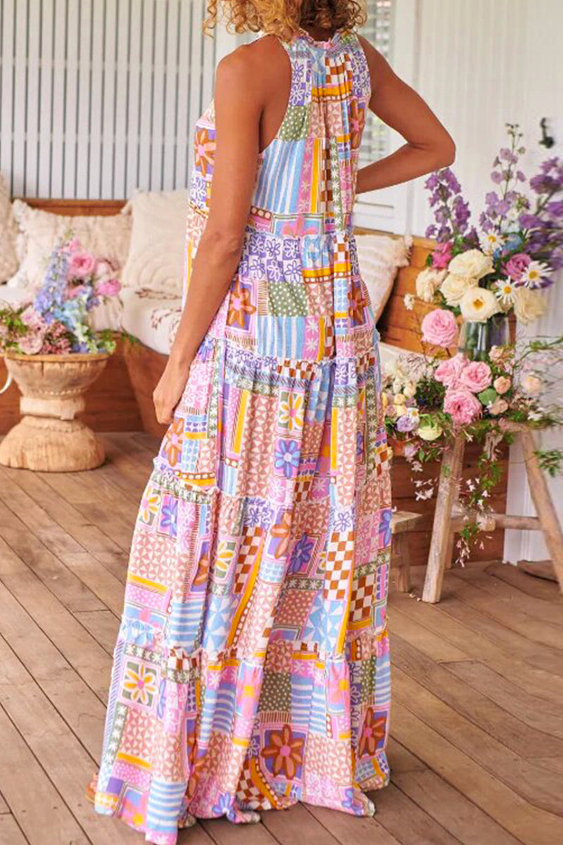 Vestido informal dulce sin posicionamiento estampado patchwork contraste cuello redondo estampado vestidos