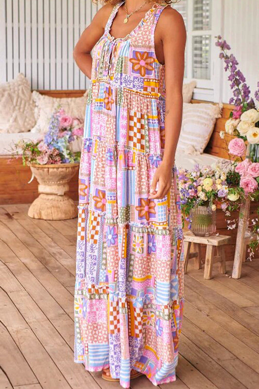 Vestido informal dulce sin posicionamiento estampado patchwork contraste cuello redondo estampado vestidos
