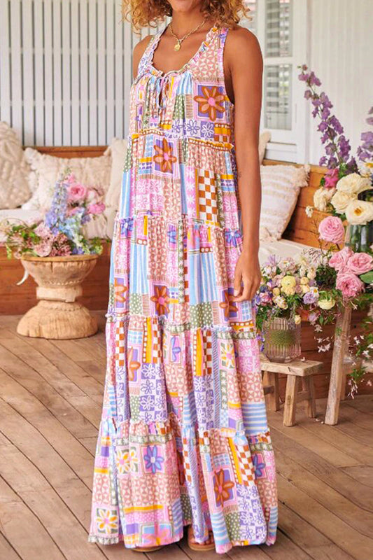 Vestido informal dulce sin posicionamiento estampado patchwork contraste cuello redondo estampado vestidos